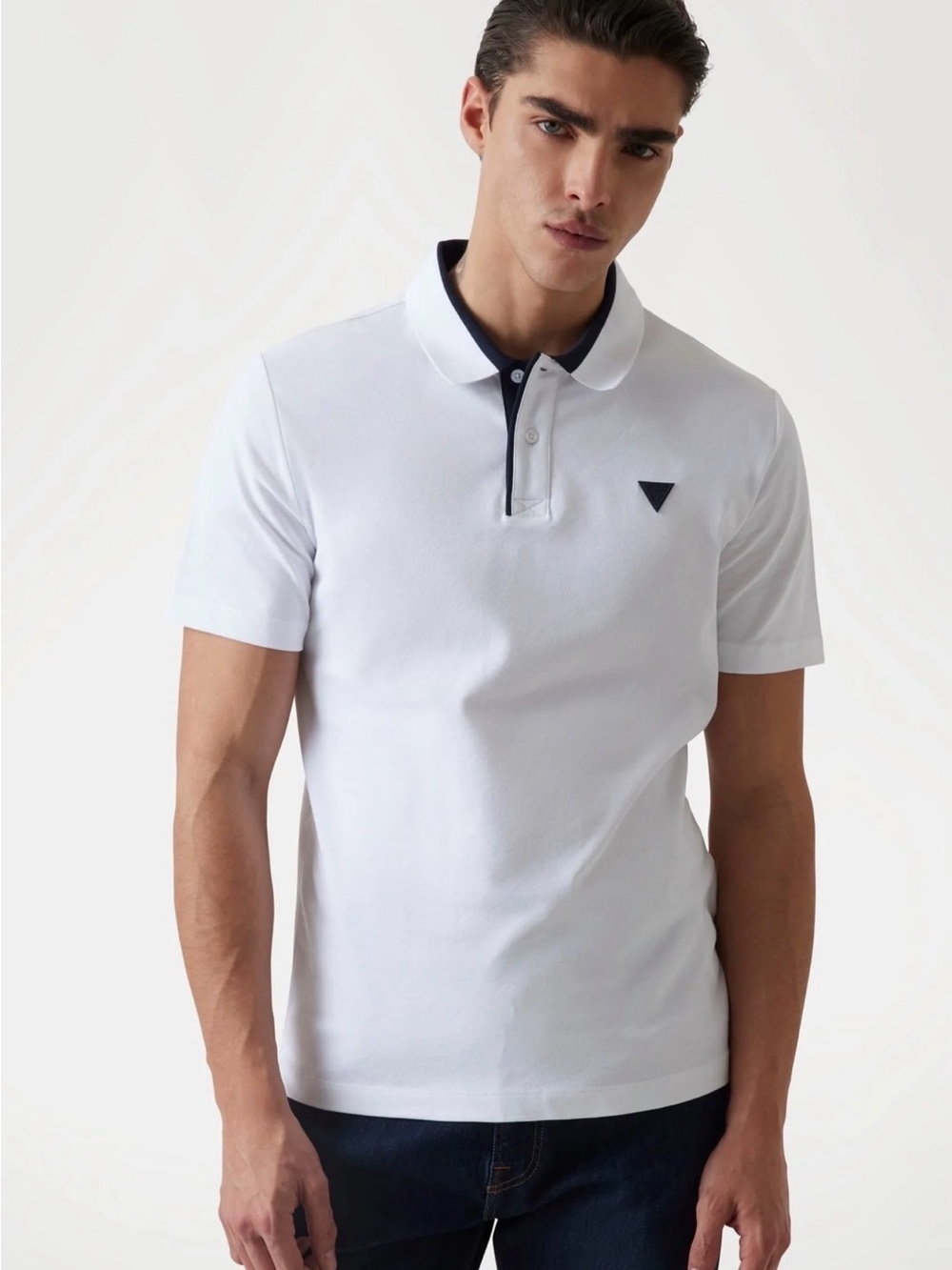 GUESS Mens White Polo Shirt Black Trim Size Small Tshirt Logo Cotton